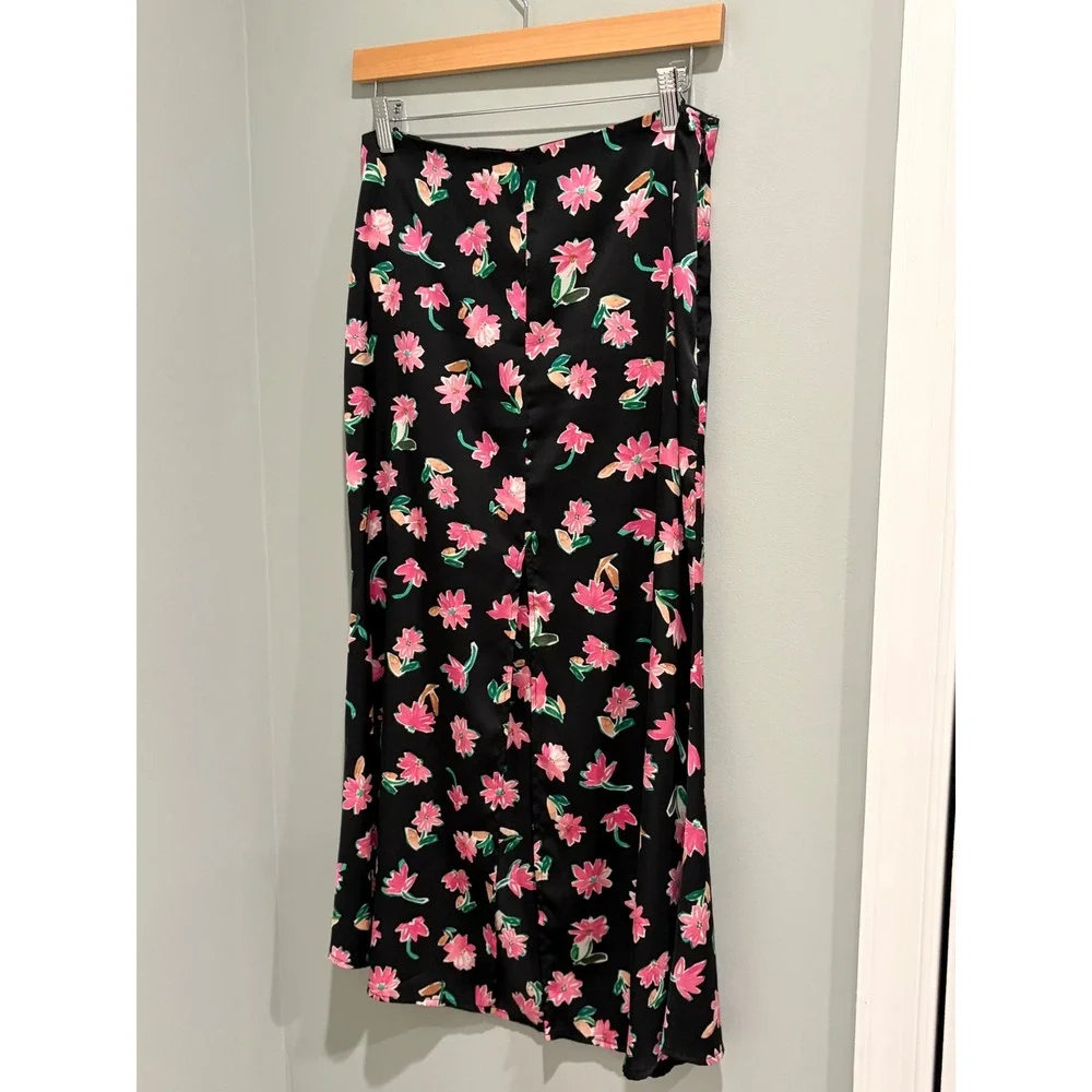 Zara Womens Floral Print Satin Midi Skirt Black Pink High Waist Slit Size Medium